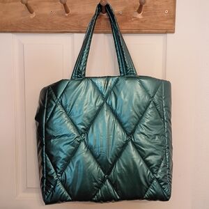 VICTORIA'S SECRET Large Quilted Puffer Emerald Green Metallic Puffer Tote Bag